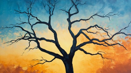 Obraz premium Oil Painting: Bare Tree Silhouette Against Colorful Sky 