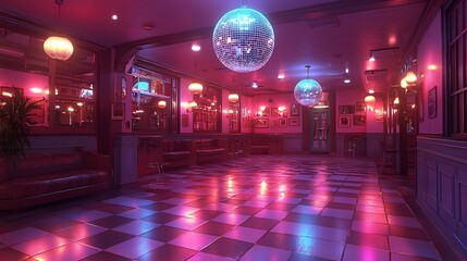 Retro-style lounge with disco ball, pink and blue neon lights, checkered floor, and vintage furniture.