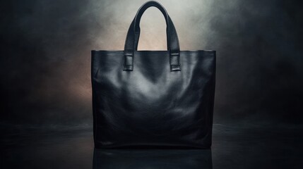 A leather tote bag in deep black, positioned against a dark background with soft reflections for a luxurious look