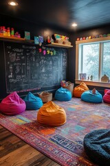 Colorful bean bag chairs in a playful kids room with a large chalkboard wall filled with drawings and writing
