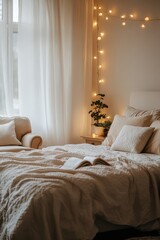 Obraz premium Cozy bedroom interior with soft bedding fairy lights and a book Peaceful and relaxing atmosphere