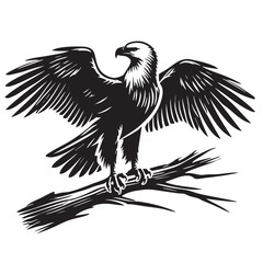 Obraz premium Majestic Eagle: A Black and White Vector Illustration of a Soaring Eagle Perched on a Branch