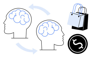 Two human heads with brains connected by arrows, shopping bags, and dollar symbol. Ideal for consumer behavior, psychology, decision-making, marketing strategies, brain function, financial impact
