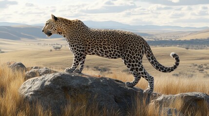 Obraz premium A leopard surveys its vast territory from a rocky hill, its ears twitching as it listens to the distant sounds of the wild
