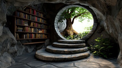 Obraz premium A bookcase in a cave with a tree growing out of it.
