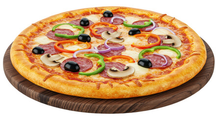 Isolated Pizza with Pepperoni, Mushrooms, Olives, and Peppers
