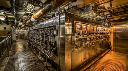 Obraz premium Industrial machinery in a large, complex engine room. Heavy metal equipment, pipes, and electrical components are prominent features