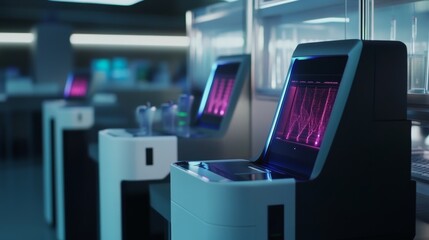 Fototapeta premium An AI controlled genetic sequencing lab using advanced technology to map the human genome for personalized medicine and healthcare advancements, Biotechnology style, photo of