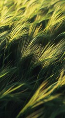 Close Up of Green Wheat Field at Sunrise with Sunlight