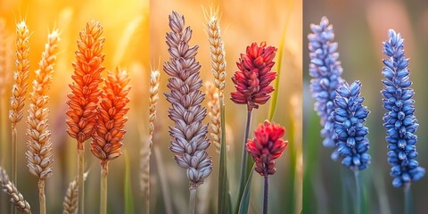 Close-Up of Wheat, Lavender, and Red Flowers in a Field
