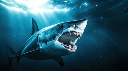 Fototapeta premium A mako shark flashes its terrifying teeth as it opens its mouth, illuminated by the deep-sea glow