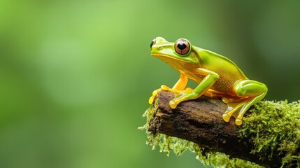 Fototapeta premium Vibrant Green and Golden Bell Frog Resting on Moss-Covered Branch in Rainforest. Camouflaged Amphibian Blending with Lush Natural Habitat.