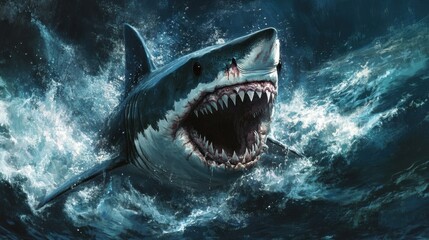 Obraz premium A massive shark approaches with jaws fully open, displaying its powerful teeth against a deep-sea backdrop