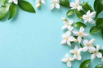 Fototapeta premium White jasmine flowers with green leaves arranged on light blue background, floral frame design