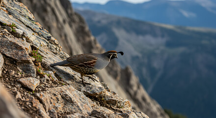 A Mountain Quail bravely ventures across a jagged rocky slope landscape