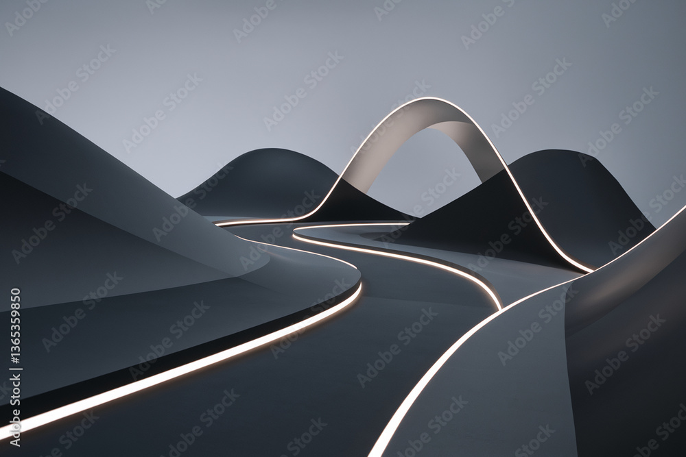 Poster abstract dark gray forms with glowing lines create a futuristic landscape, showcasing a sleek and mo