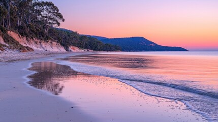 Sunrise beach reflection, coastal serenity, tranquil morning