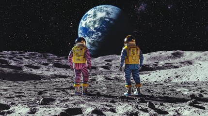 Obraz premium Retro Astronauts on Lunar Terrain with Earth View 