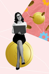 Artwork photo collage of happy businesswoman freelancer sit coin dollar currency income hold laptop settings gears progress