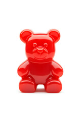Realistic gummy bear candy, red jelly sweet, glossy transparent texture, isolated on white background