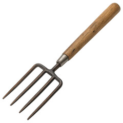 Fototapeta premium A metal garden fork with a wooden handle, designed for loosening soil and cultivating plants.