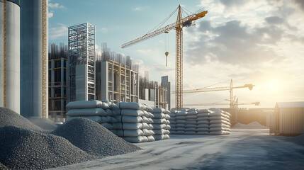 A stacked of cement bags at construction site, Construction site with stacked bags of cement and machinery for material processing awaiting use at construction site
