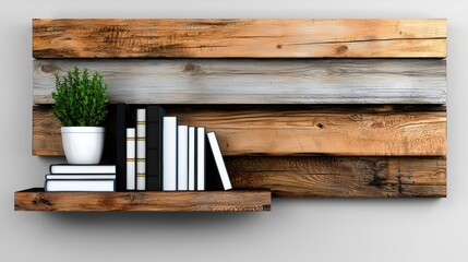 Wooden shelf with books and a plant.
