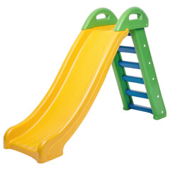 A colorful children's slide featuring a yellow sliding surface and a green frame with blue rungs for climbing.
