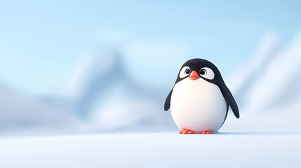 Obraz premium Cute Fluffy Cartoon Penguin in Snowy Landscape