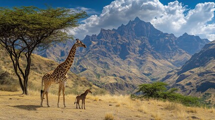 Obraz premium A mother giraffe gently leans toward her baby, sharing a quiet moment in front of a breathtaking mountain range