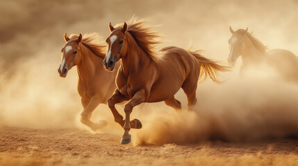 Obraz premium Majestic Horses Galloping Amidst Desert Dust, Embodying Liberty and Unrestrained Spirit in Golden Sunshine