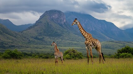 Fototapeta na wymiar A mother giraffe stretches her long neck while her calf stays close, both framed by a stunning mountain landscape