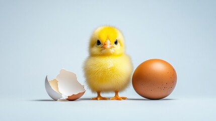Baby Chick with Eggs and Shell on White Background