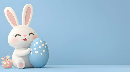 Obraz premium Cute White Bunny Holding Blue Easter Egg on Light Blue Background