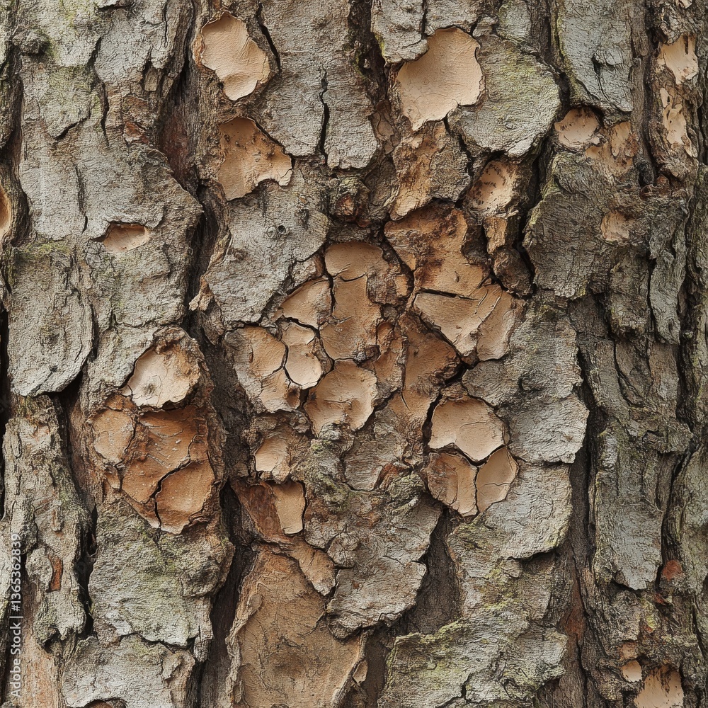 Poster detailed bark texture: close-up of rough, peeling tree surface with natural patterns and organic det