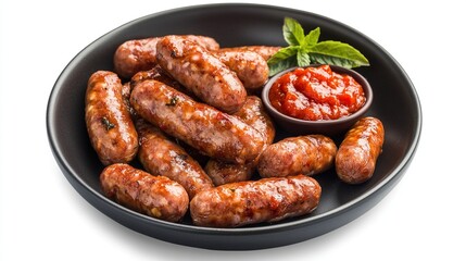 Grilled mini sausages with spicy sauce.