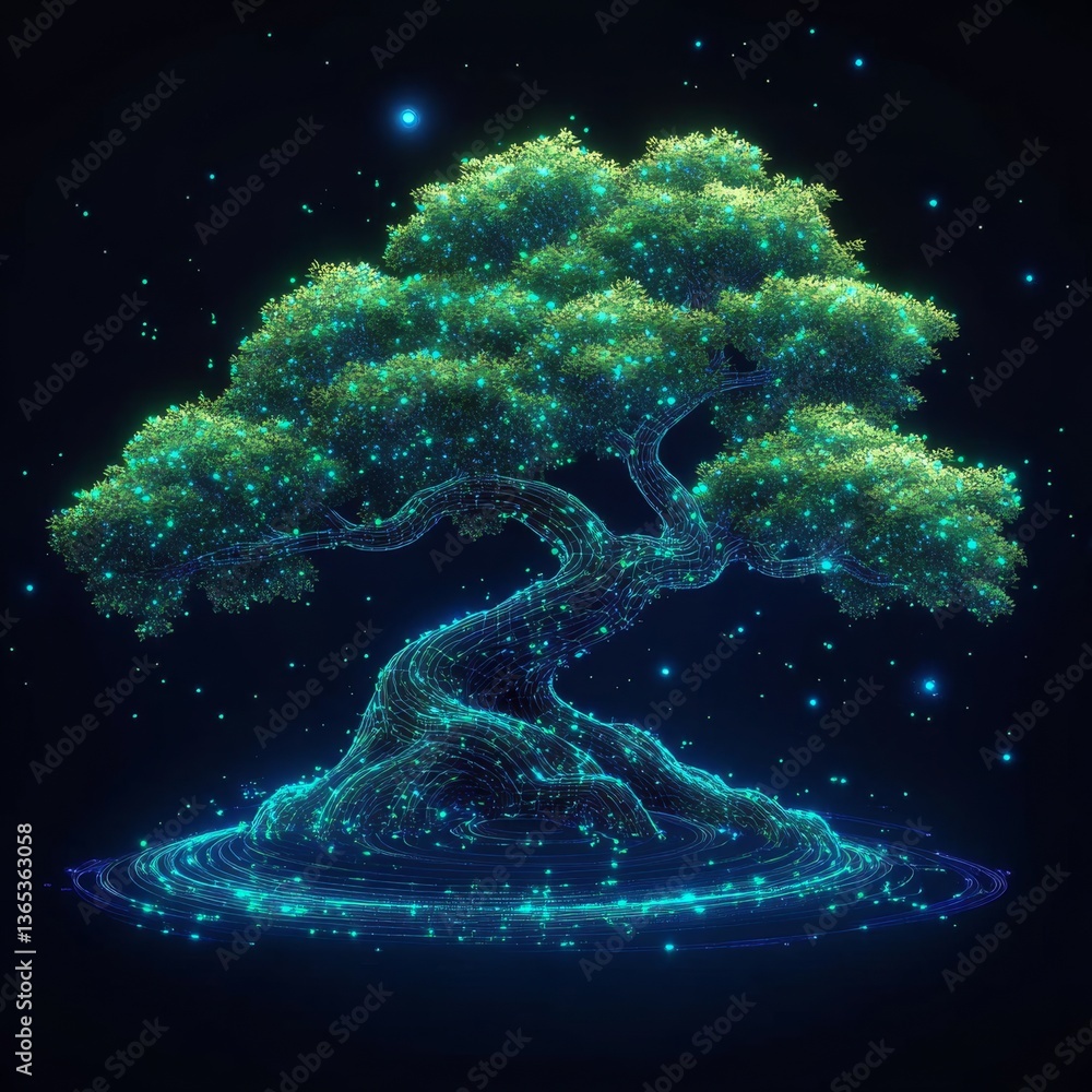 Aufkleber luminous bonsai tree: digital essence of nature with glowing particles and abstract wireframe root s