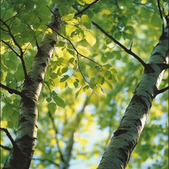 Fototapeta premium Looking Up Through Birch Trees: A Spring Day Sunlight Filtering Through Fresh Green Leaves 