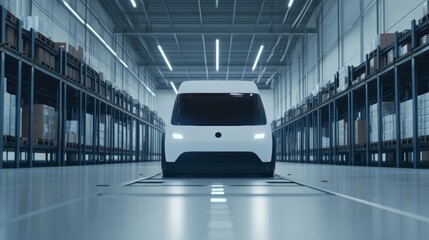 Obraz premium An AI driven autonomous logistics vehicle optimizing package delivery routes in a warehouse environment, Logistics technology style, photo of