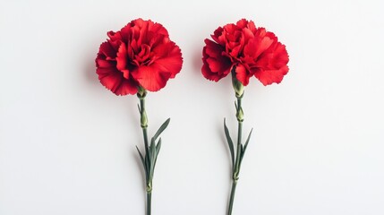 Obraz premium A pair of red carnations with delicate petals, beautifully displayed on a white background, symbolizing love and good fortune