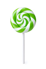 Green and white peppermint candy cane striped lollipop with a swirl pattern, isolated on white background