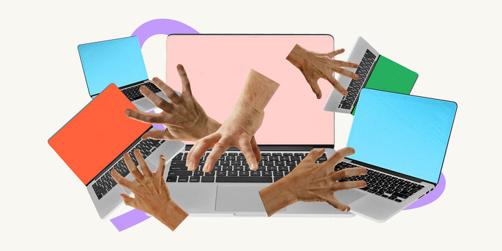 Conceptual art design. Multiple laptops and hands in chaos of interaction illustrating high workload, online demand, and need for automation. Concept of business outsourcing, digital pressure.