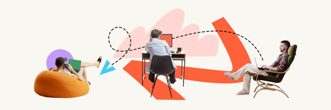 Conceptual artwork. Remote workers in different zones connected by arrows, symbolizing global communication, remote strategy, process synchronization. Concept of outsourcing, decentralized workflow.