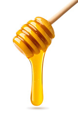 Honey dripping from wooden dipper isolated on white