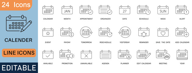 Calendar line icons set, including appointment, organizer, date, schedule, event, reminder, meeting, planner, save the date, add calendar, agenda, unavailable, promotion, and edit calendar.
