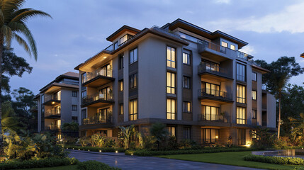 Fototapeta premium Modern apartment building with balconies and warm lighting at dusk