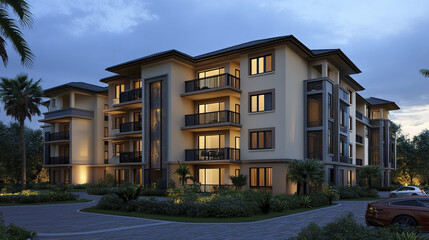 Fototapeta premium Modern apartment building with balconies and warm lighting at dusk