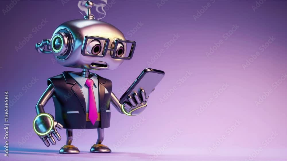 Poster metallic robotic character in business attire holding smartphone, wearing rectangular glasses, stand