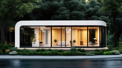 Fototapeta premium Modern, minimalist home nestled within a lush forest, featuring curved walls, large windows, and a tranquil setting