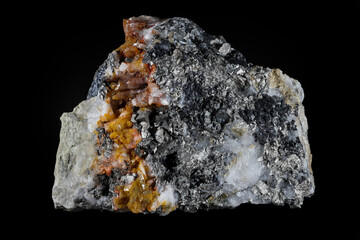 Arsenopyrite (FeAsS), iron arsenic sulfide mineral. Metallic, steel grey, silver color. Found in association with gold, potential source for toxic arsenic. Black background